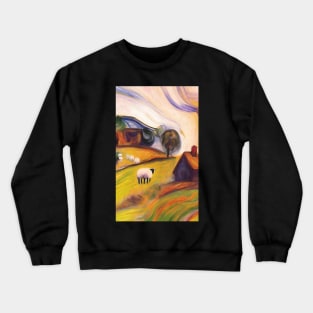 colourful oil painting of a farm with sheep Crewneck Sweatshirt